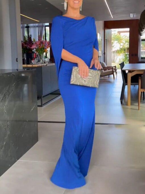 Solid Color Short Sleeves V-Neck Maxi Dresses - Image 2