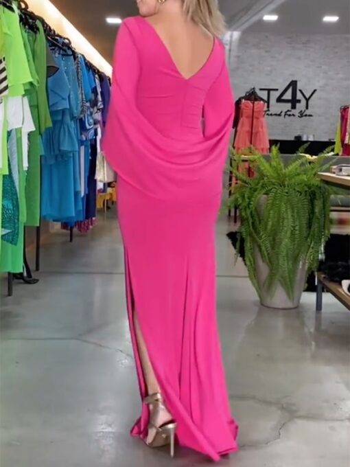 Solid Color Split-Joint Half Sleeves Round-Neck Maxi Dresses - Image 2