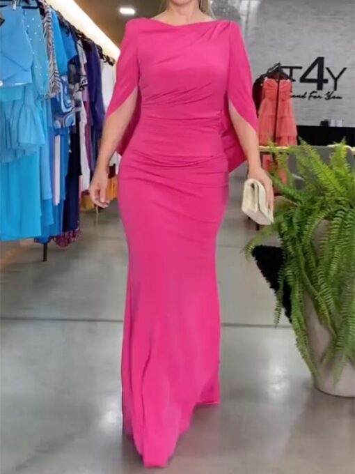 Solid Color Split-Joint Half Sleeves Round-Neck Maxi Dresses - Image 3