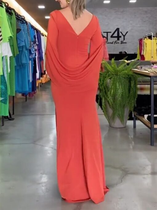 Solid Color Split-Joint Short Sleeves V-Neck Maxi Dresses - Image 3