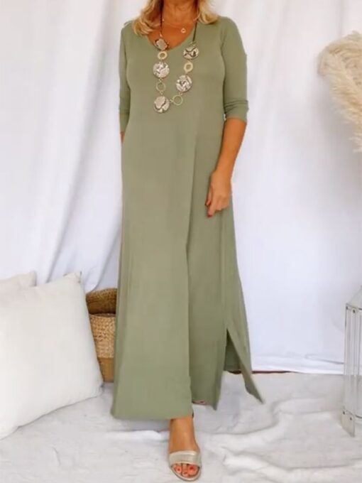 Solid Color Split-Side Half Sleeves Loose Round-Neck Maxi Dresses