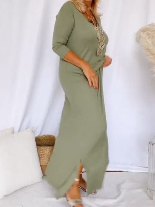 Solid Color Split-Side Half Sleeves Loose Round-Neck Maxi Dresses - Image 3