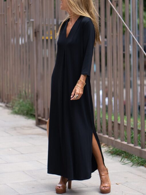 Solid Color V Neck Comfy Dresses - Image 4