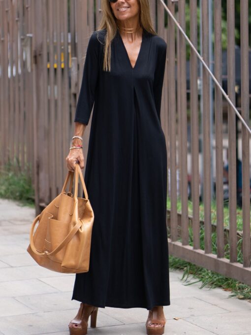 Solid Color V Neck Comfy Dresses - Image 5