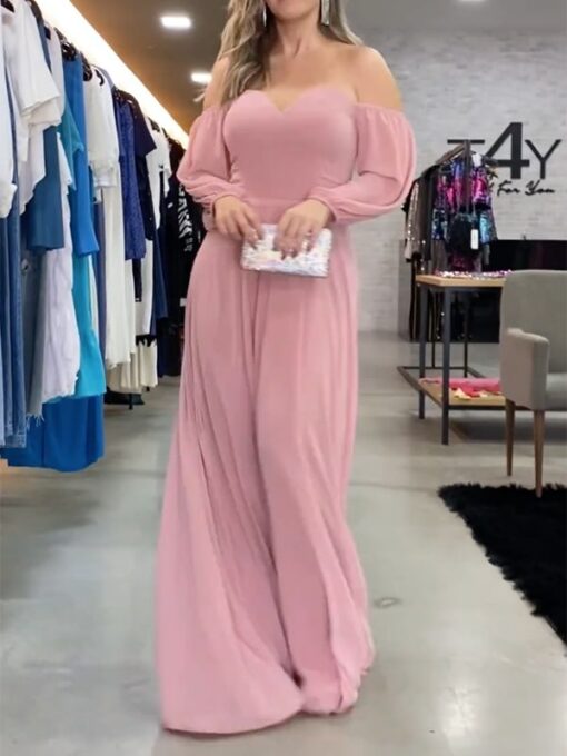 Solid Color V-Back Long Sleeves Loose Cold Shoulder Maxi Dresses - Image 2