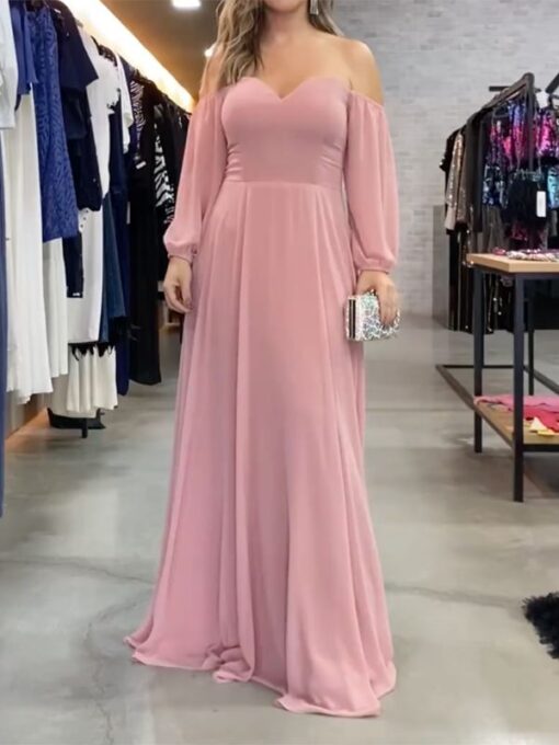 Solid Color V-Back Long Sleeves Loose Cold Shoulder Maxi Dresses