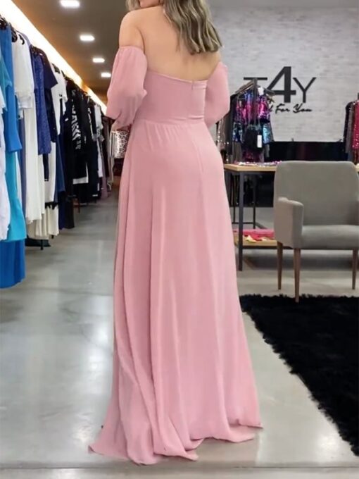 Solid Color V-Back Long Sleeves Loose Cold Shoulder Maxi Dresses - Image 3