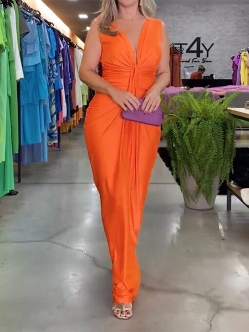 Solid Color V-back Sleeveless V-neck Maxi Dresses - Image 3