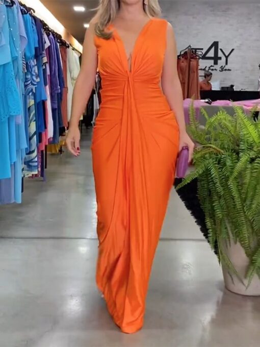 Solid Color V-back Sleeveless V-neck Maxi Dresses