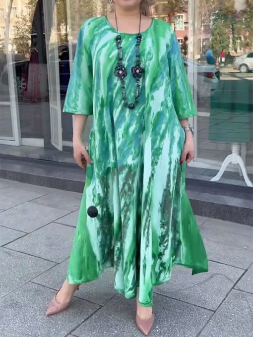 Tie-Dyed Long Sleeves Loose Round-Neck Maxi Dresses - Image 2