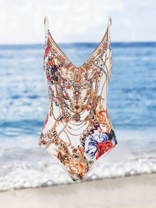 Vintage Court Floral Print One Piece Swimsuit and Sarong - Image 2