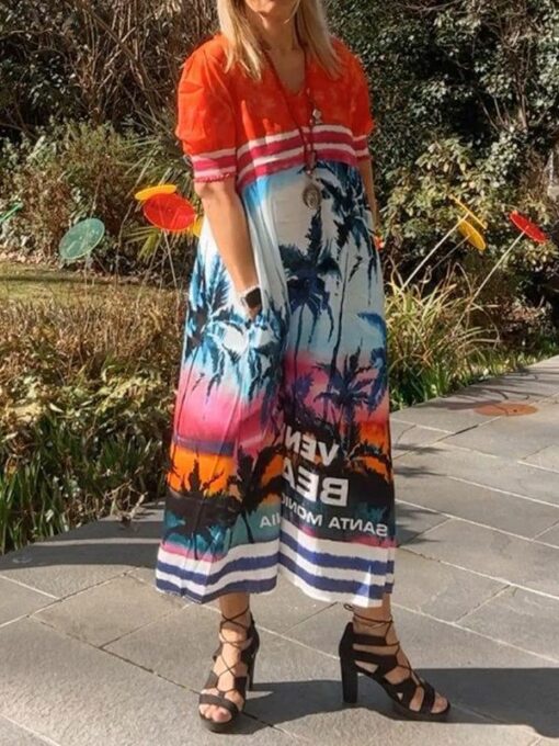 Contrast Color Floral Printed Short Sleeves Round-Neck Maxi Dresses - Image 2