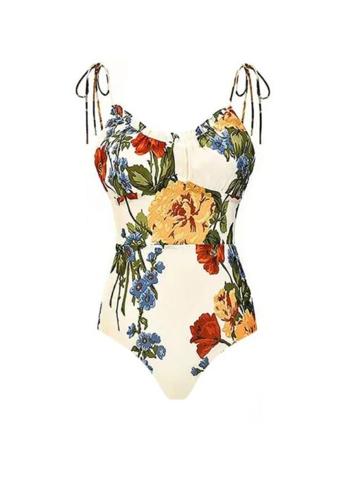 Floral Print Lace Up One Piece Swimsuit - Image 3