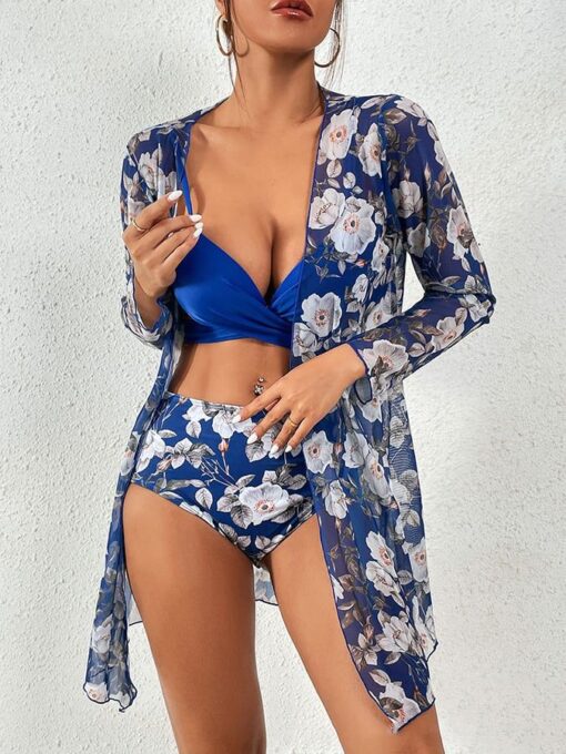 Sexy printed three-piece bikini sunscreen swimsuit cover-up - Image 3