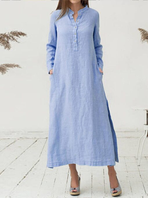 Women's  Stand Collar Loose Long Sleeve Shirt Dress - Image 3