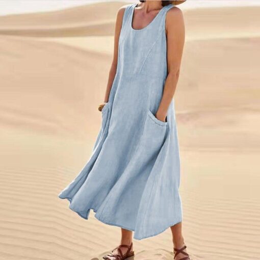 Women's Cotton Linen Solid Sleeveless Dress - Image 4