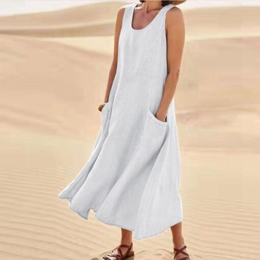 Women's Cotton Linen Solid Sleeveless Dress - Image 5