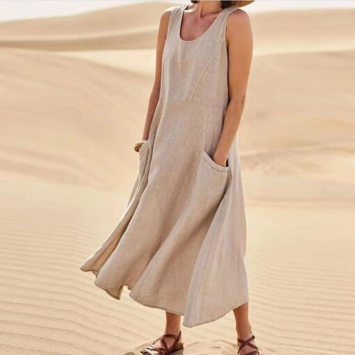 Women's Cotton Linen Solid Sleeveless Dress - Image 6