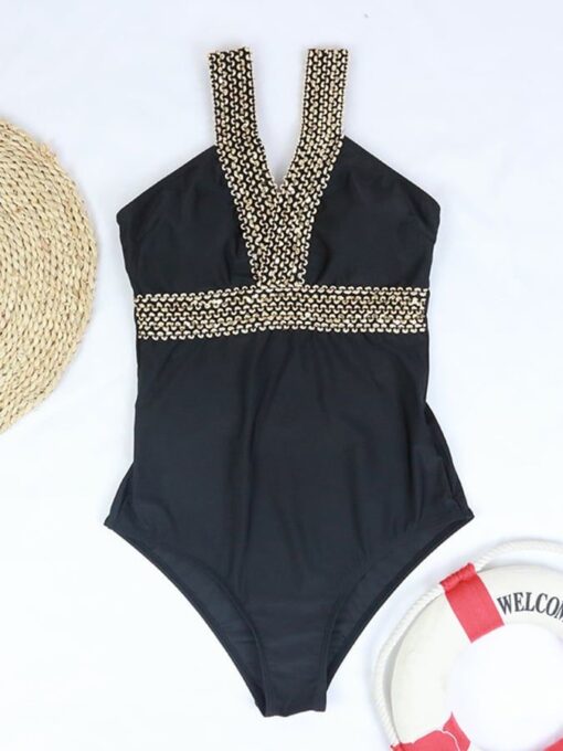 Women's Solid Color Halter One Piece Swimsuit - Image 3