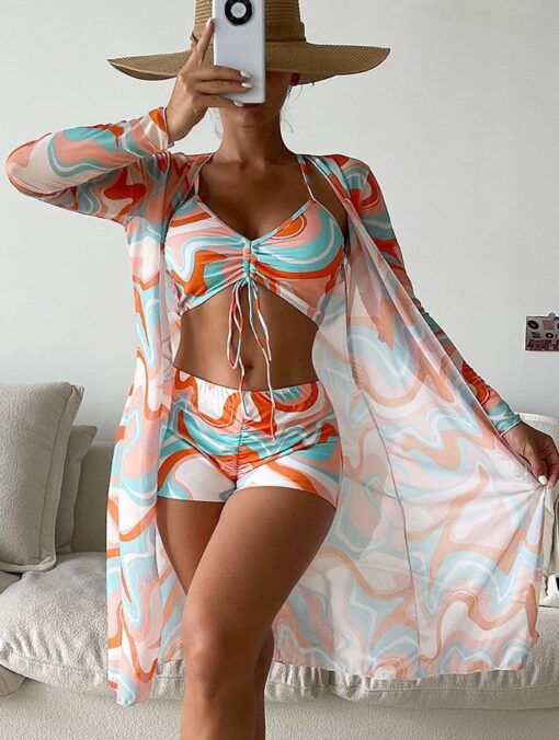 Fashion sexy three-piece printed blouse bikini suit