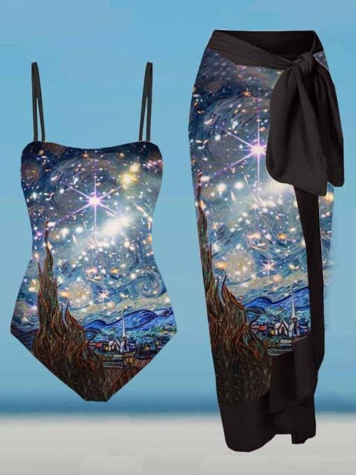 Women's Artistic Starry Sky Print One-Piece Swimsuit Blouse Set