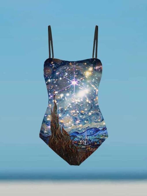 Women's Artistic Starry Sky Print One-Piece Swimsuit Blouse Set - Image 3