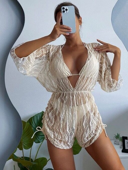 Sexy mesh waist drawstring sunscreen blouse 3-piece bikini - Image 5