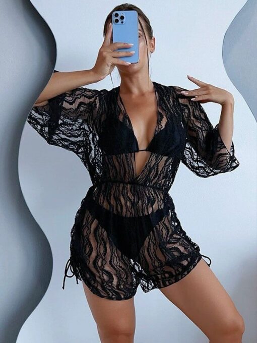 Sexy mesh waist drawstring sunscreen blouse 3-piece bikini - Image 3