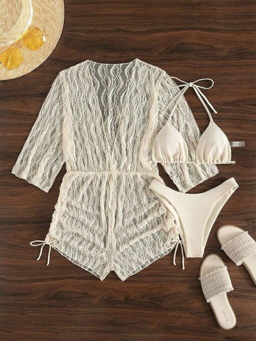 Sexy mesh waist drawstring sunscreen blouse 3-piece bikini - Image 7