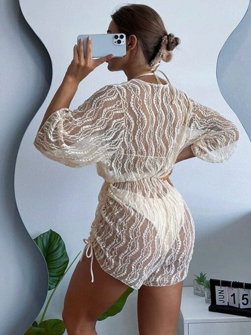 Sexy mesh waist drawstring sunscreen blouse 3-piece bikini - Image 6