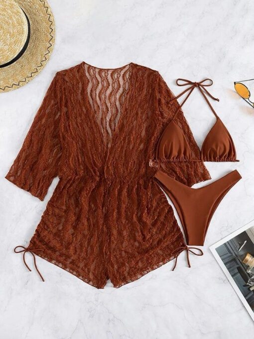 Sexy mesh waist drawstring sunscreen blouse 3-piece bikini - Image 15