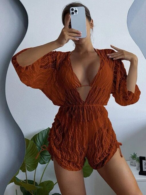 Sexy mesh waist drawstring sunscreen blouse 3-piece bikini - Image 13