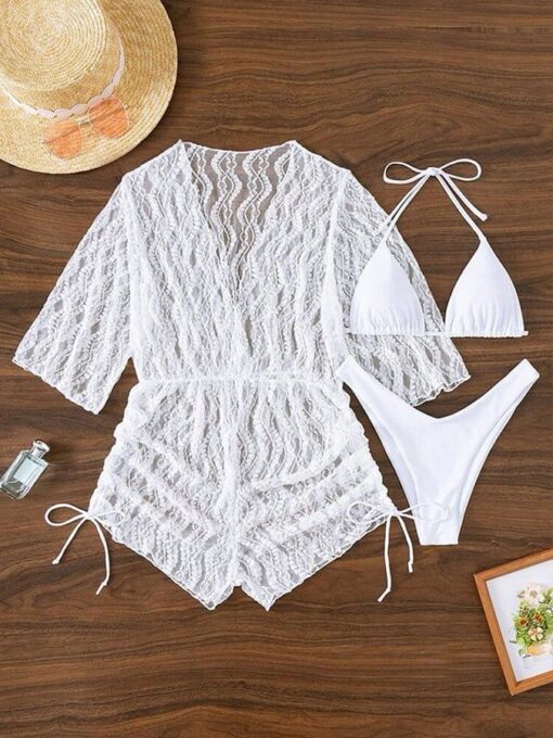 Sexy mesh waist drawstring sunscreen blouse 3-piece bikini - Image 23