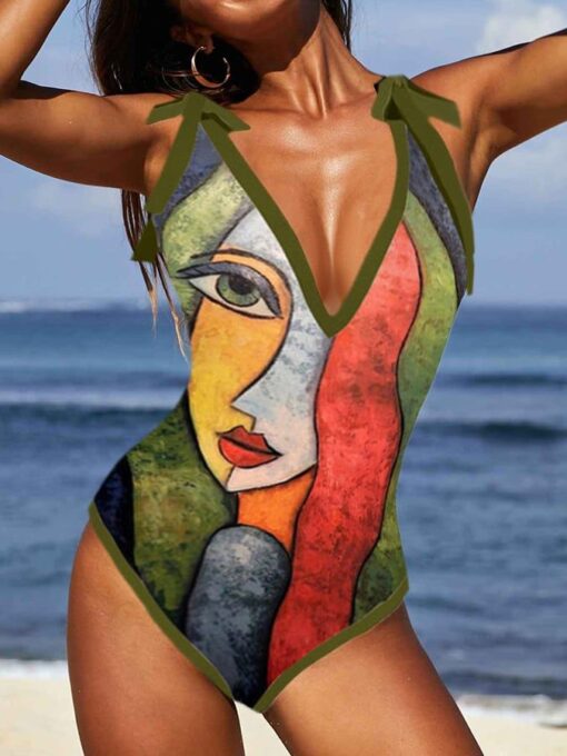 Fashion V-Neck Abstract Print Swimsuit Set - Image 2