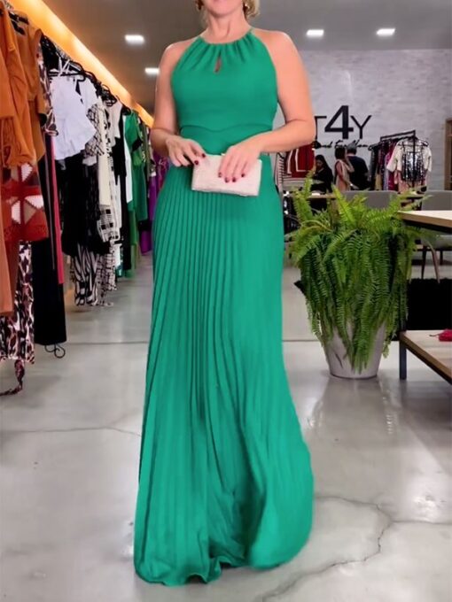 Hollow Pleated Solid Color Loose Round-Neck Maxi Dresses - Image 3