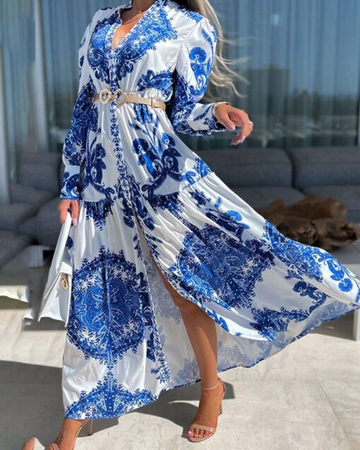 V-neck Long Boho Print Maxi Dress