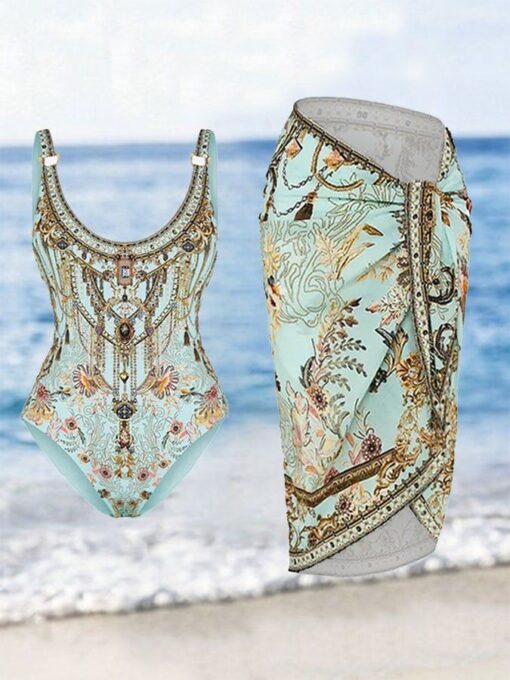 Vintage Court Floral Print One Piece Swimsuit and Sarong