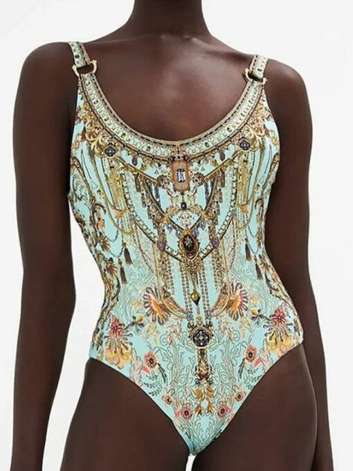 Vintage Court Floral Print One Piece Swimsuit and Sarong - Image 2