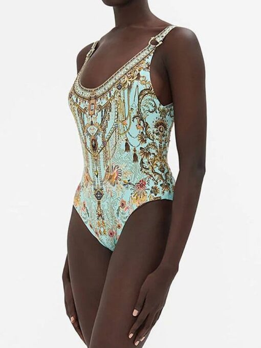 Vintage Court Floral Print One Piece Swimsuit and Sarong - Image 6