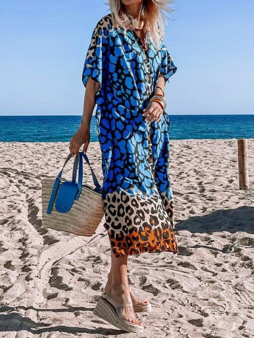 Color-Block Leopard Loose Short Sleeves V-Neck Maxi Dresses