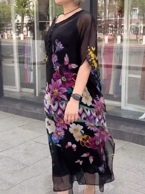 Floral Printed Half Sleeves Round-Neck Maxi Dresses - Image 3