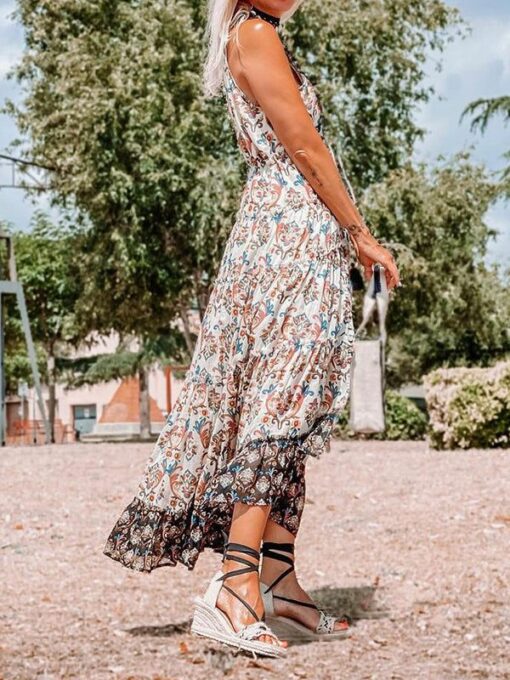 Floral Printed Irregular Clipping V-Neck Maxi Dresses - Image 3