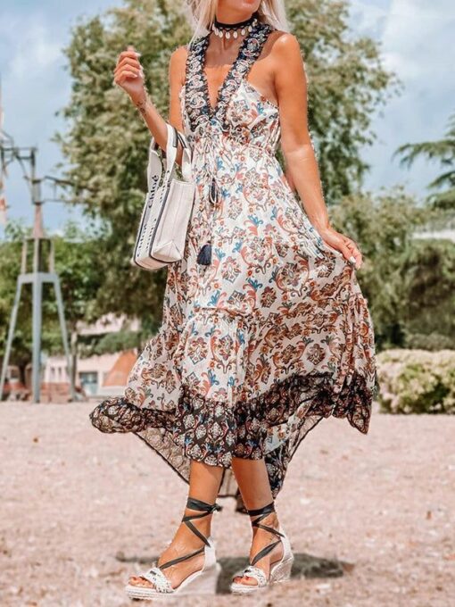 Floral Printed Irregular Clipping V-Neck Maxi Dresses - Image 2