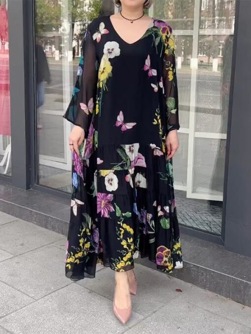 Floral Printed Long Sleeves Loose V-Neck Maxi Dresses - Image 2