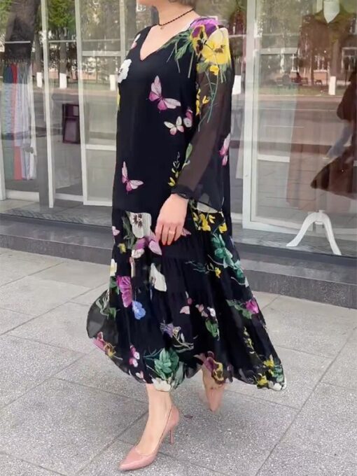 Floral Printed Long Sleeves Loose V-Neck Maxi Dresses - Image 3