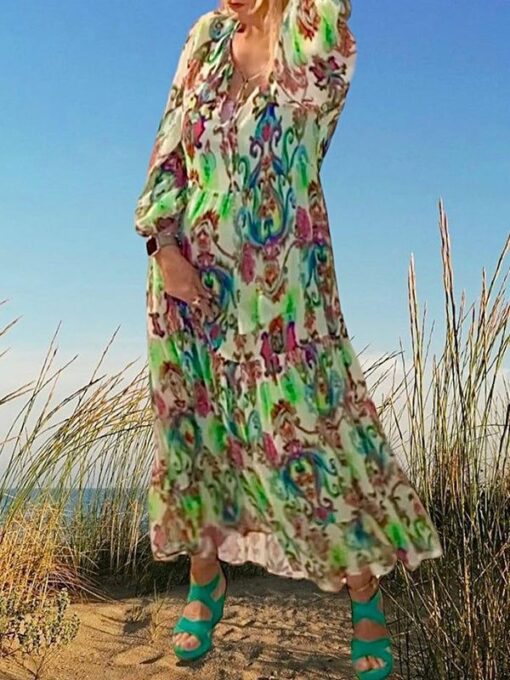 Floral Printed Plunging Long Sleeves Loose Maxi Dresses