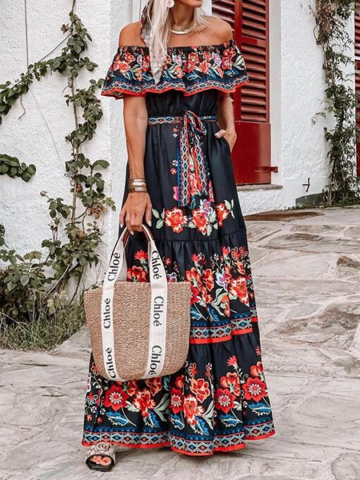 Floral Printed Ruffled Short Sleeves Off-The-Shoulder Maxi Dresses - Image 2