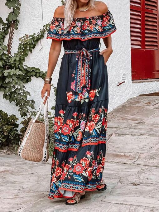 Floral Printed Ruffled Short Sleeves Off-The-Shoulder Maxi Dresses - Image 3