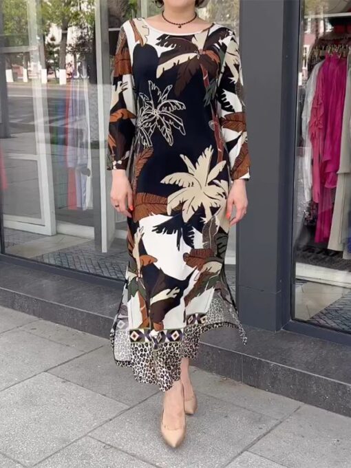 Leaf Leopard Long Sleeves Loose Round-Neck Maxi Dresses