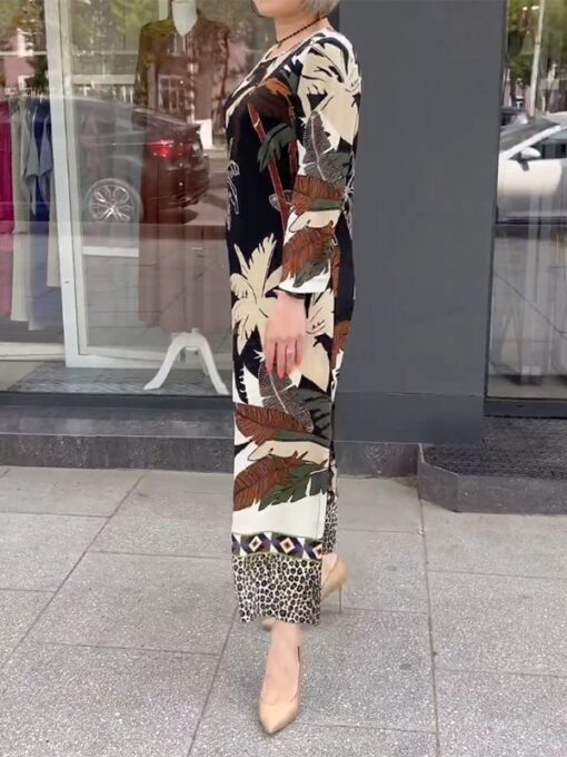 Leaf Leopard Long Sleeves Loose Round-Neck Maxi Dresses - Image 3